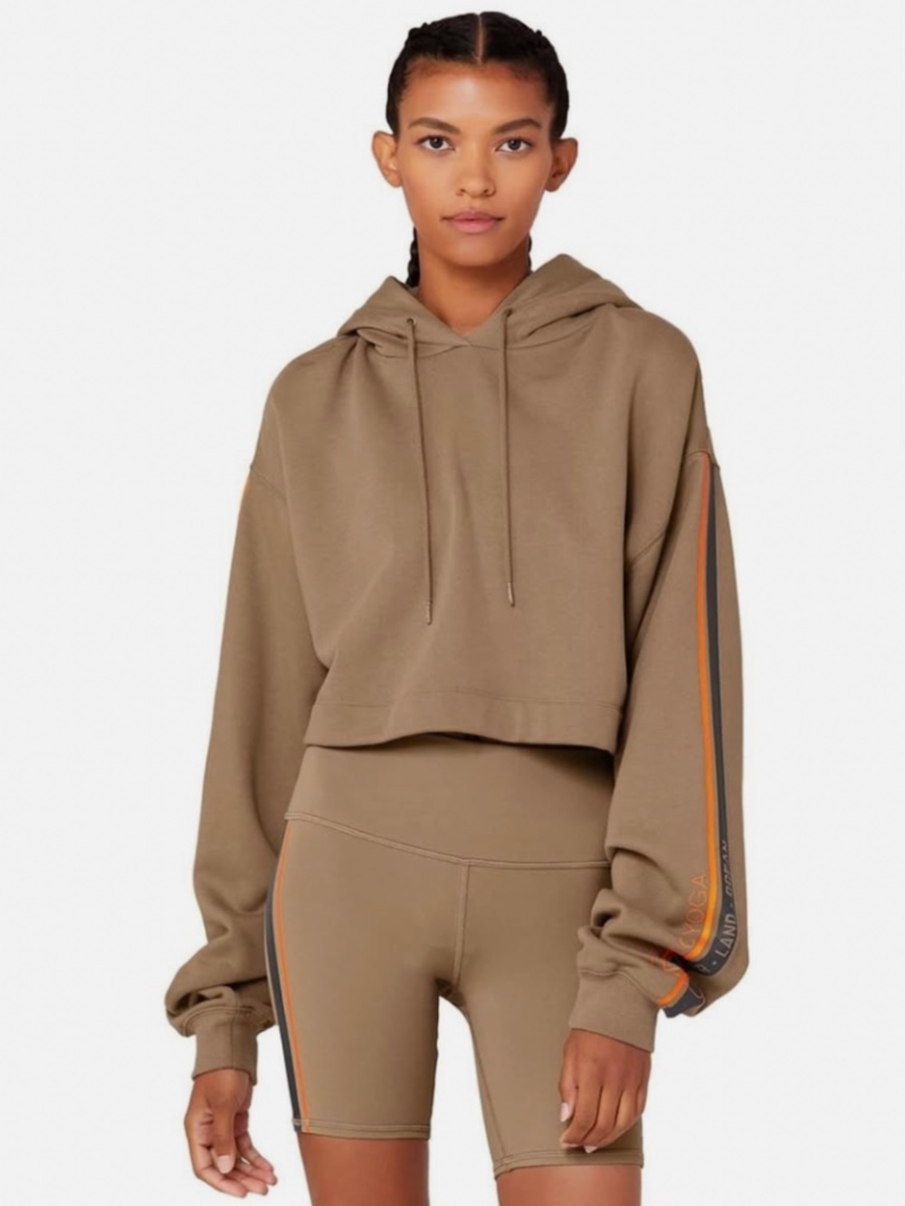 Alo Beige cropped Graphic Bae Hoodie with orange accents Size S NWOT